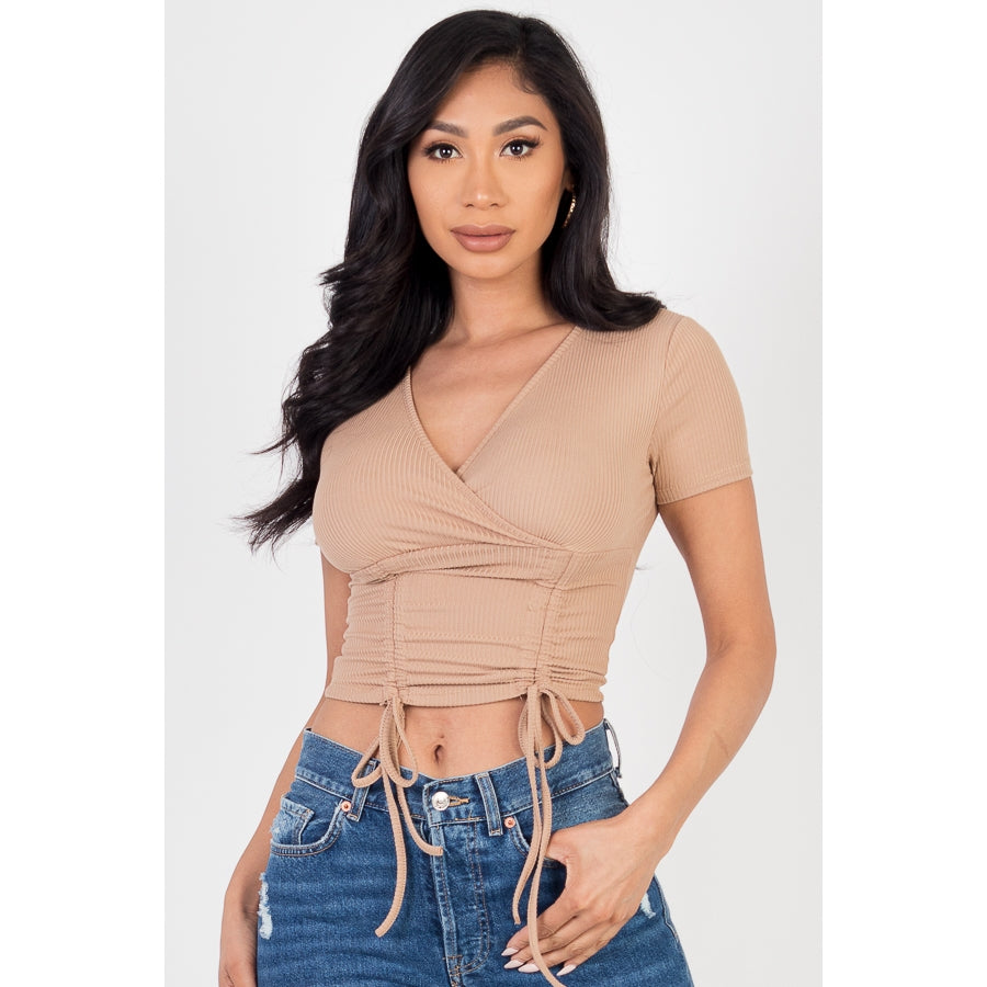 Ribbed Ruched Drawstring Surplice Top