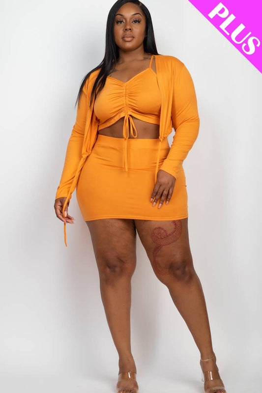 Plus Ruched Cami Top & Skirt Set with Cadigan
