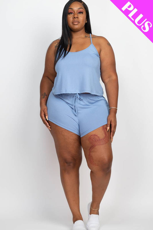 Plus Ribbed Strappy Top & Shorts Lounge Set