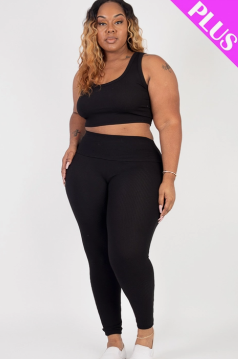 Plus Size Ribbed Crop Top & Leggings Set