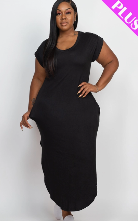 Plus Cap Sleeve V Neck Maxi Dress