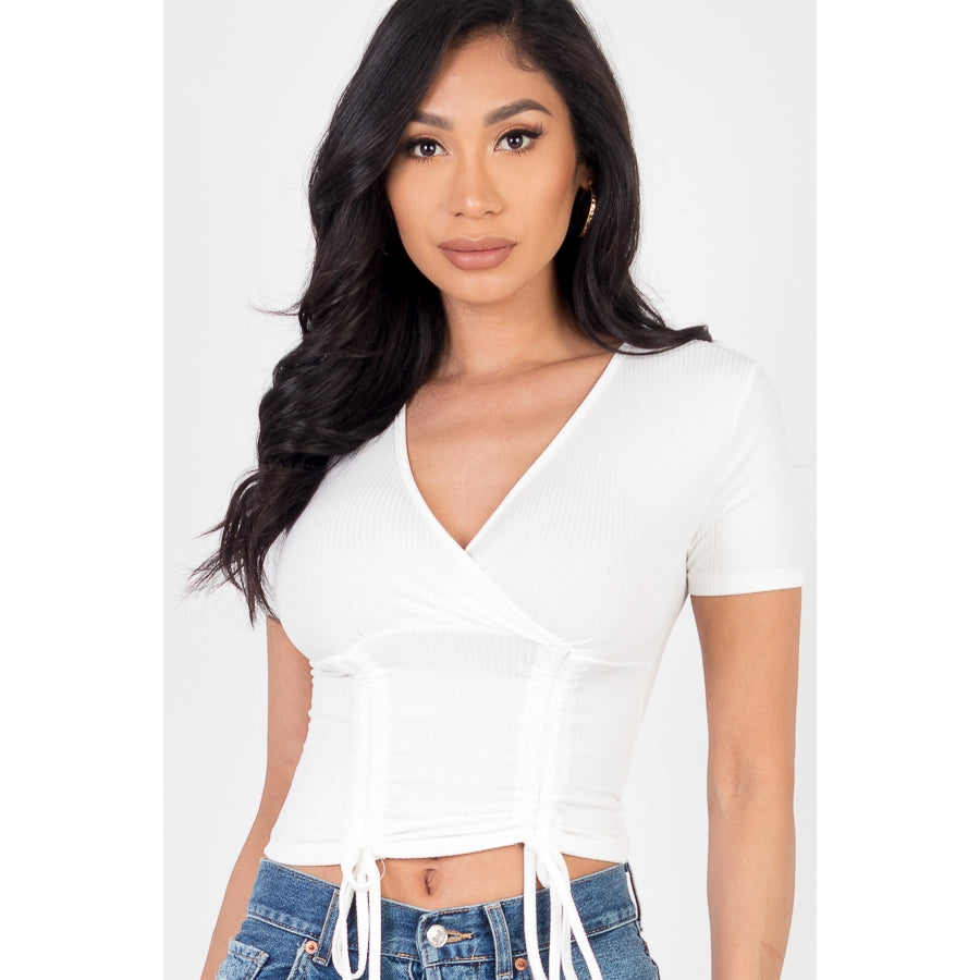 Ribbed Ruched Drawstring Surplice Top